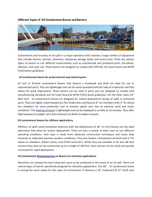 Different types of oil containment booms and barriers