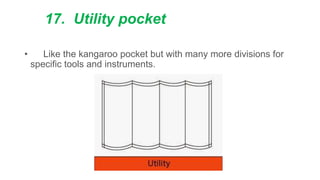 17. Utility pocket
• Like the kangaroo pocket but with many more divisions for
specific tools and instruments.
 