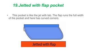 19.Jetted with flap pocket
• This pocket is like the jet with tab. The flap runs the full width
of the pocket and here has curved corners.
 