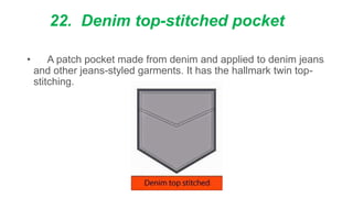 22. Denim top-stitched pocket
• A patch pocket made from denim and applied to denim jeans
and other jeans-styled garments. It has the hallmark twin top-
stitching.
 