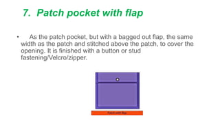 7. Patch pocket with flap
• As the patch pocket, but with a bagged out flap, the same
width as the patch and stitched above the patch, to cover the
opening. It is finished with a button or stud
fastening/Velcro/zipper.
 