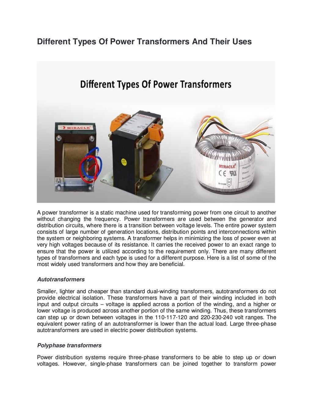 Different types of power transformers and their uses