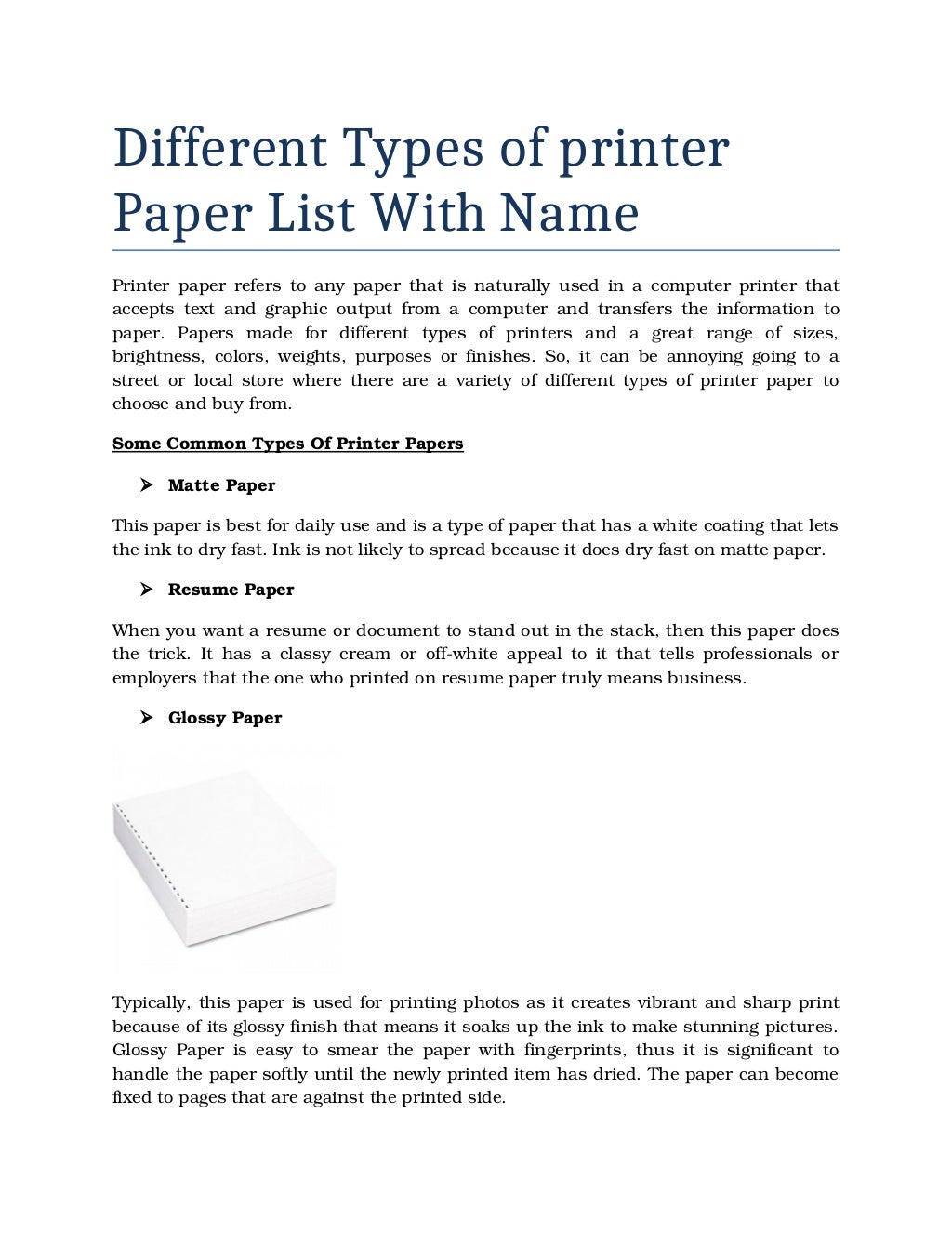 Different Types Of Printer Paper List With Name