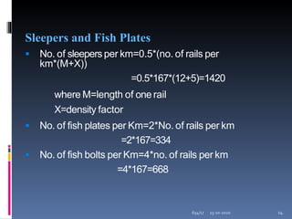 Sleepers and Fish Plates
 No. of sleepers per km=0.5*(no. of rails per
km*(M+X))
=0.5*167*(12+5)=1420
where M=length of one rail
X=density factor
 No. of fish plates per Km=2*No. of rails per km
=2*167=334
 No. of fish bolts per Km=4*no. of rails per km
=4*167=668
15-10-2020
654/17 14
 