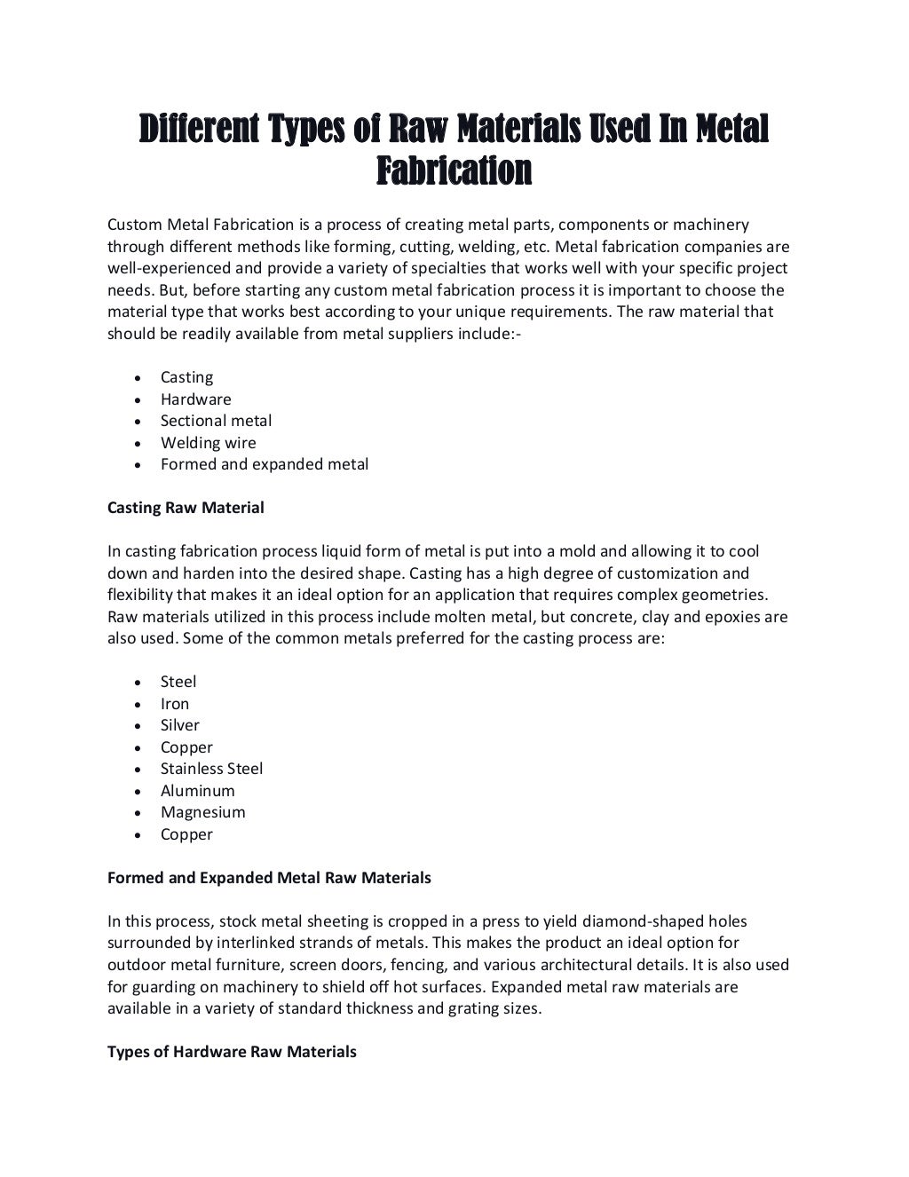 Different Types of Raw Materials Used In Metal Fabrication