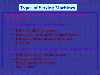 According to the operating system, there are two types of
sewing machines:
1. Manually operated sewing machines :
 Driven by physical energy.
 Used for domestic and tailoring purposes.
 Less production, but more laborious.
 Low cost.
1. Electrically operated or Industrial sewing machines :
 Usually driven by electric power.
 High productivity.
 Used in garments industry.
 Cost is high.
Types of Sewing Machines
 