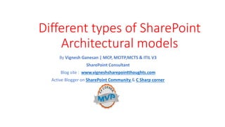 Different types of SharePoint
Architectural models
By Vignesh Ganesan | MCP, MCITP,MCTS & ITIL V3
SharePoint Consultant
Blog site : www.vigneshsharepointthoughts.com
Active Blogger on SharePoint Community & C Sharp corner
 
