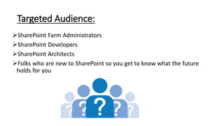 Targeted Audience:
SharePoint Farm Administrators
SharePoint Developers
SharePoint Architects
Folks who are new to Sha...