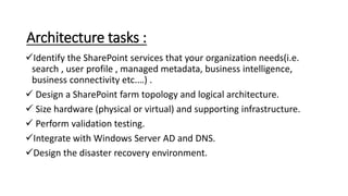 Architecture tasks :
Identify the SharePoint services that your organization needs(i.e.
search , user profile , managed m...
