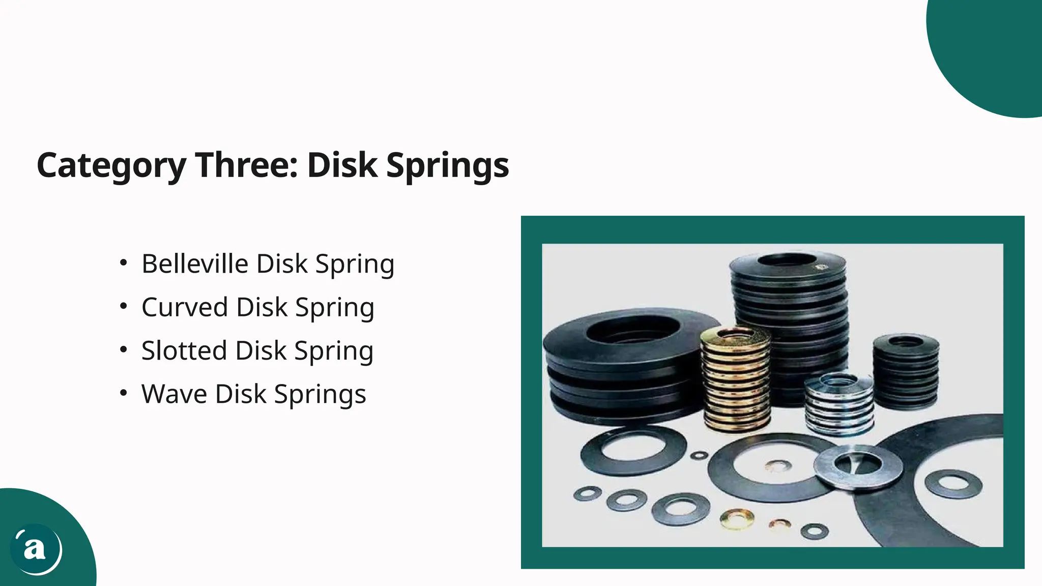 Category Three: Disk Springs
• Belleville Disk Spring
• Curved Disk Spring
• Slotted Disk Spring
• Wave Disk Springs
 