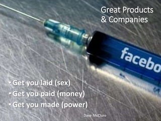 Great Products
& Companies
•Get you laid (sex)
•Get you paid (money)
•Get you made (power)
Dave McClure
 