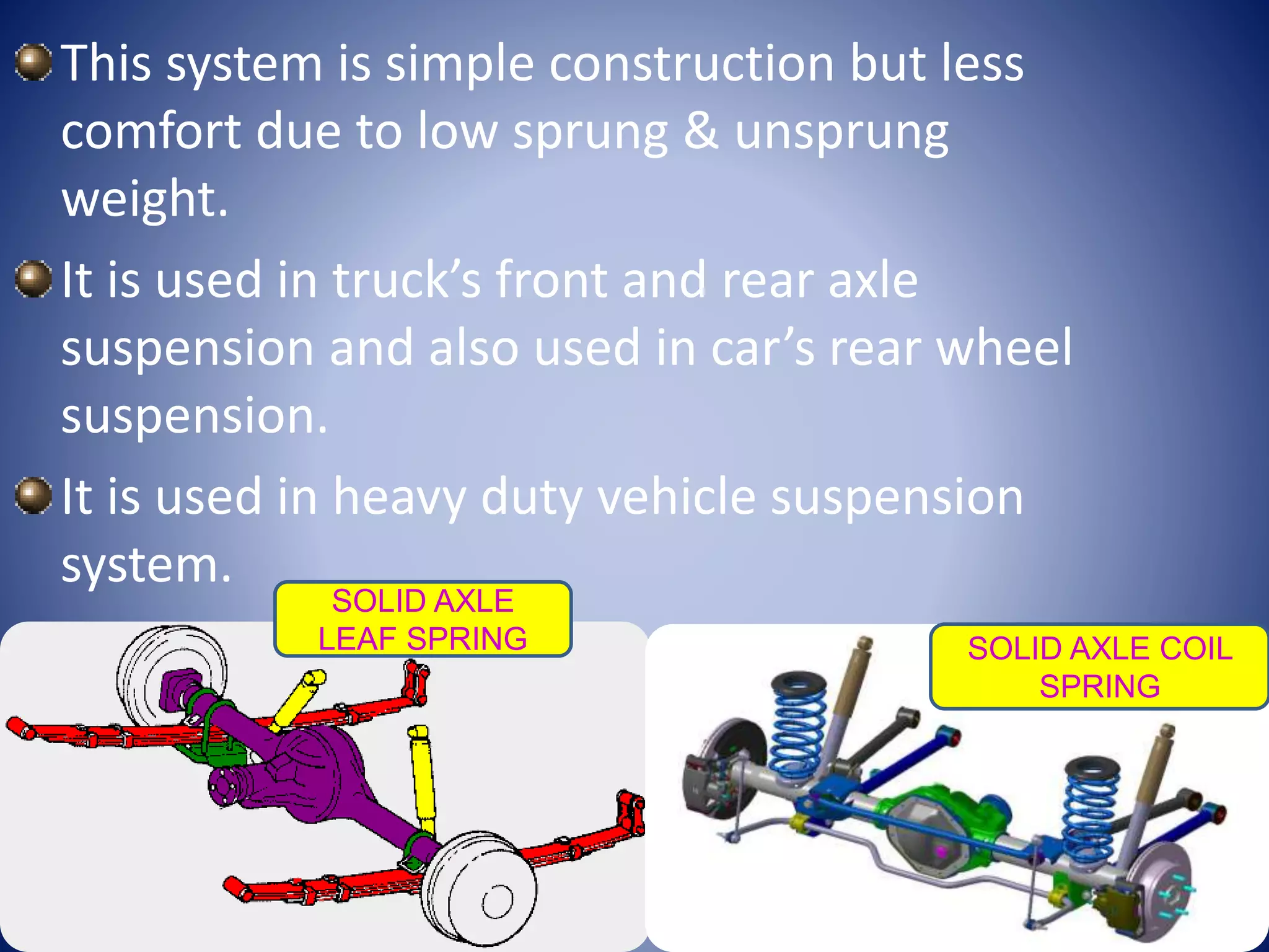 This system is simple construction but less
comfort due to low sprung & unsprung
weight.
It is used in truck’s front and rear axle
suspension and also used in car’s rear wheel
suspension.
It is used in heavy duty vehicle suspension
system.
SOLID AXLE
LEAF SPRING SOLID AXLE COIL
SPRING
 