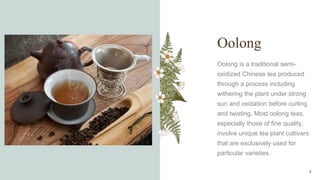 Oolong
Oolong is a traditional semi-
oxidized Chinese tea produced
through a process including
withering the plant under strong
sun and oxidation before curling
and twisting. Most oolong teas,
especially those of fine quality,
involve unique tea plant cultivars
that are exclusively used for
particular varieties.
9
 