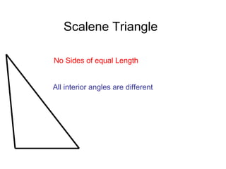 Scalene Triangle
No Sides of equal Length
All interior angles are different
 