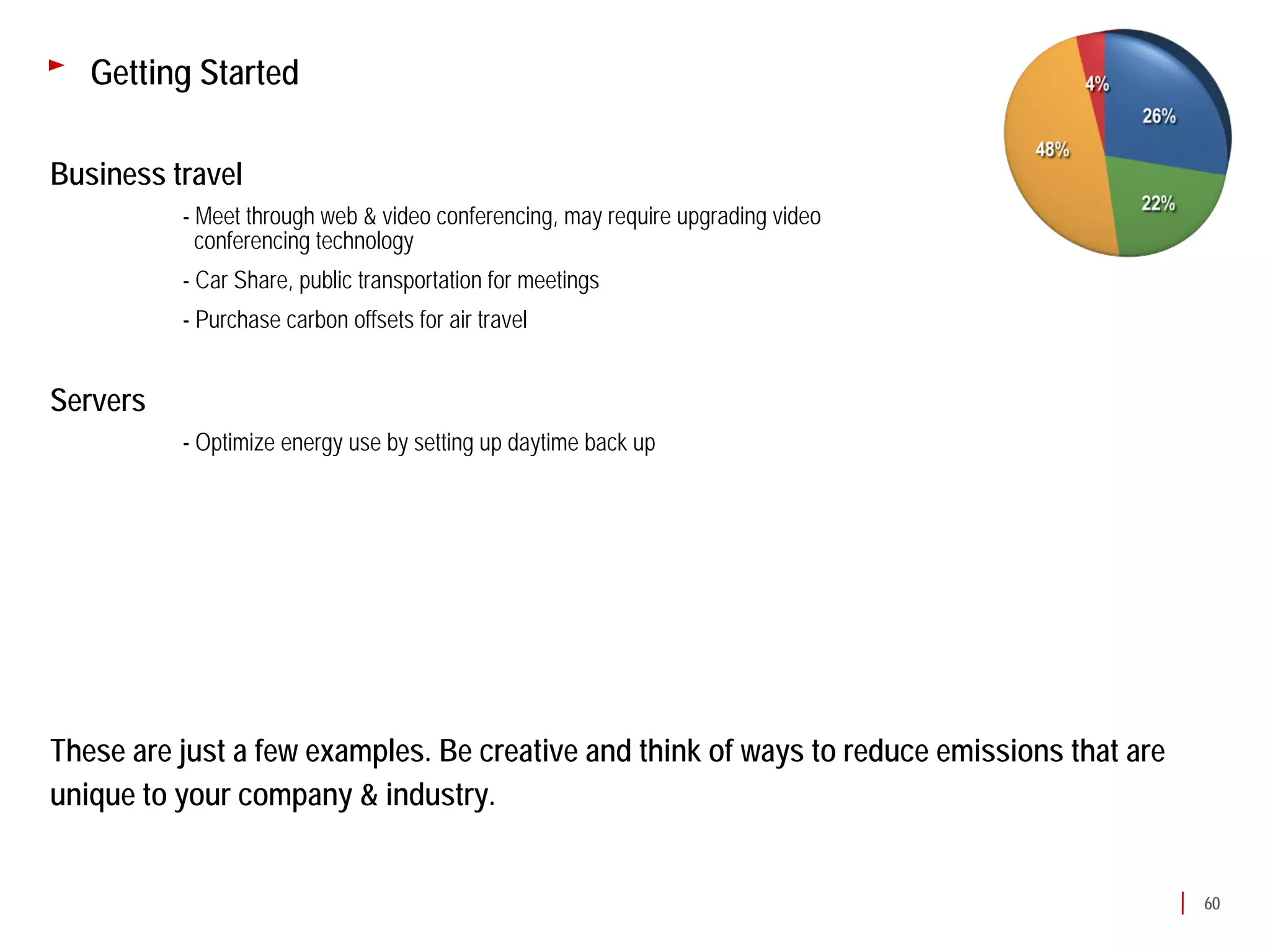 Getting Started

Business travel
          - Meet through web & video conferencing, may require upgrading video
            conferencing technology
          - Car Share, public transportation for meetings
          - Purchase carbon offsets for air travel


Servers
          - Optimize energy use by setting up daytime back up




These are just a few examples. Be creative and think of ways to reduce emissions that are
unique to your company & industry.


                                                                                            60
 