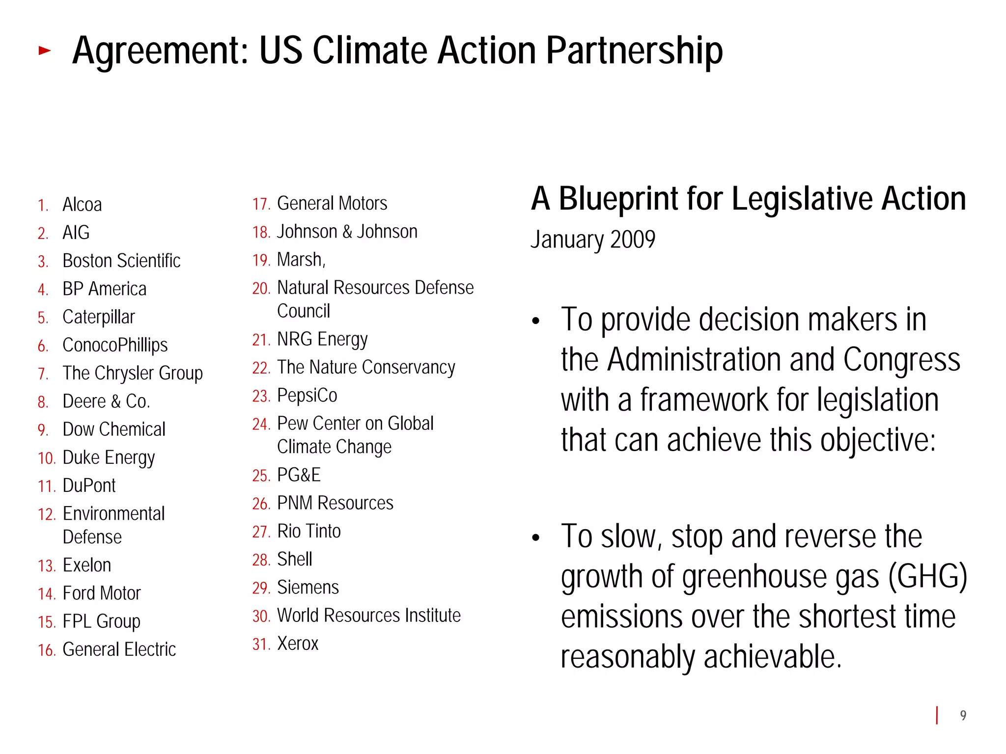 Agreement: US Climate Action Partnership


1. Alcoa                17. General Motors              A Blueprint for Legislative Action
2. AIG                  18. Johnson & Johnson
                                                        January 2009
3. Boston Scientific    19. Marsh,
4. BP America           20. Natural Resources Defense
5. Caterpillar              Council
                        21. NRG Energy
                                                        •   To provide decision makers in
6. ConocoPhillips
7. The Chrysler Group   22. The Nature Conservancy          the Administration and Congress
8. Deere & Co.          23. PepsiCo
                                                            with a framework for legislation
9. Dow Chemical         24. Pew Center on Global

10. Duke Energy
                            Climate Change                  that can achieve this objective:
                        25. PG&E
11. DuPont
                        26. PNM Resources
12. Environmental
    Defense             27. Rio Tinto
                                                        •   To slow, stop and reverse the
13. Exelon              28. Shell

14. Ford Motor          29. Siemens                         growth of greenhouse gas (GHG)
15. FPL Group           30. World Resources Institute       emissions over the shortest time
                        31. Xerox
16. General Electric
                                                            reasonably achievable.
                                                                                           9
 