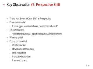 Key Observation #5: Perspective Shift


• There Has Been a Clear Shift in Perspective
• From adversarial
  o  tree-hugger, confrontational, “environment=cost”
• To constructive
  o  “good for business”, a path to business improvement
• Why the shift?
• Focus on benefits!
  o  Cost reduction
  o  Revenue enhancement
  o  Risk reduction
  o  Increased retention
  o  Improved brand
                                                           15
 