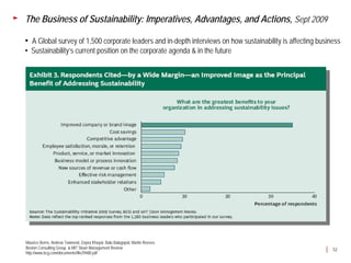The Business of Sustainability: Imperatives, Advantages, and Actions, Sept 2009

• A Global survey of 1,500 corporate leaders and in-depth interviews on how sustainability is affecting business
• Sustainability’s current position on the corporate agenda & in the future




Maurice Berns, Andrew Townend, Zayna Khayat, Balu Balagopal, Martin Reeves
Boston Consulting Group & MIT Sloan Management Review                                                        52
http://www.bcg.com/documents/file29480.pdf
 