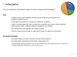 Getting Started

Once you calculated the carbon footprint, analyze areas that need help and start immediately!


Site
             - Establish in-house green champions who want to lead the efforts to get things done and
               continue to motivate the team
             - Ensure your next purchases are energy saver peripherals, use laptops
             - Install a recycling program that covers as many items as possible such as glass, plastic & aluminum
               bottles and cans, paper, cardboard, computers & peripherals, ink cartridges
             - More efficient thermostat regulation, filter changes quarterly
             - Purchase compact florescent bulbs as replacements, longer term: light timers and dimmers


Personal Commute
             - Encourage employees to walk, or ride bikes, provide a bike parking area
             - Encourage public transportation (transit checks or other allowances)
             - Telecommuting, Study found that one day of telecommuting saves the equivalent of up to 12 hours of an
               average household’s electricity use. (2007, conducted by TIAX)




                                                                                                                       59
 