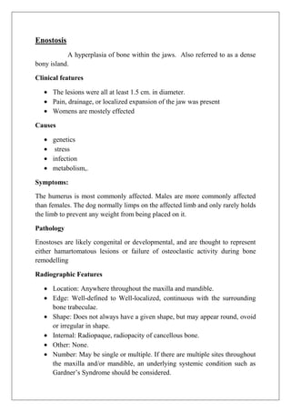 Enostosis
A hyperplasia of bone within the jaws. Also referred to as a dense
bony island.
Clinical features
The lesions were all at least 1.5 cm. in diameter.
Pain, drainage, or localized expansion of the jaw was present
Womens are mostely effected
Causes
genetics
stress
infection
metabolism,.
Symptoms:
The humerus is most commonly affected. Males are more commonly affected
than females. The dog normally limps on the affected limb and only rarely holds
the limb to prevent any weight from being placed on it.
Pathology
Enostoses are likely congenital or developmental, and are thought to represent
either hamartomatous lesions or failure of osteoclastic activity during bone
remodelling
Radiographic Features
Location: Anywhere throughout the maxilla and mandible.
Edge: Well-defined to Well-localized, continuous with the surrounding
bone trabeculae.
Shape: Does not always have a given shape, but may appear round, ovoid
or irregular in shape.
Internal: Radiopaque, radiopacity of cancellous bone.
Other: None.
Number: May be single or multiple. If there are multiple sites throughout
the maxilla and/or mandible, an underlying systemic condition such as
Gardner‟s Syndrome should be considered.
 