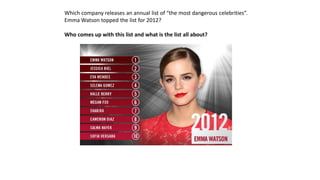 Which company releases an annual list of “the most dangerous celebrities”.
Emma Watson topped the list for 2012?
Who comes up with this list and what is the list all about?
 