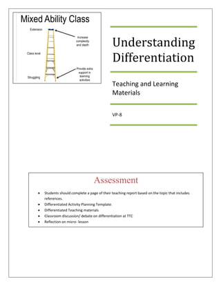 Understanding
Differentiation
Teaching and Learning
Materials
VP-8
Assessment
• Students should complete a page of their teaching report based on the topic that includes
references.
• Differentiated Activity Planning Template.
• Differentiated Teaching materials
• Classroom discussion/ debate on differentiation at TTC
• Reflection on micro- lesson
• Completed class/Padlet work
 