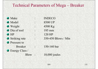 Technical Parameters of Mega – Breaker

Make                :   INDECO
Model               :   8500 UP
Weight              :   4500 Kg
Dia of tool         :   195 mm
HP                  :   120 HP
Striking rate       :   350-450 Blows / Min
Pressure to
     Breaker        :   150-160 bar
Energy Class /
             Blow   :   10,000 joules


                          ISN                 133
 