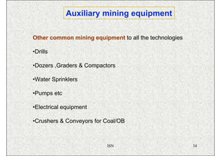Auxiliary mining equipment

Other common mining equipment to all the technologies

•Drills

•Dozers ,Graders & Compactors

•Water Sprinklers

•Pumps etc

•Electrical equipment

•Crushers & Conveyors for Coal/OB



                          ISN                           34
 