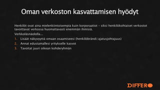 Henkilöt ovat aina mielenkiintoisempia kuin korporaatiot – siksi henkilökohtaiset verkostot
tavoittavat verkossa huomattavasti enemmän ihmisiä.
Verkkoläsnäololla...
1. Lisäät näkyvyyttä omaan osaamiseesi (henkilöbrändi/ajatusjohtajuus)
2. Annat edustamallesi yritykselle kasvot
3. Tavoitat juuri oikean kohderyhmän
Oman verkoston kasvattamisen hyödyt
 