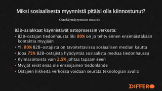 B2B-asiakkaat käynnistävät ostoprosessin verkosta:
• B2B-ostajan tiedonhausta liki 80% on jo tehty ennen ensimäistäkään
kontaktia myyjään
• Yli 80% B2B-ostajista on tavoitettavissa sosiaalisen median kautta
• Jopa 75% B2B-ostajista hyödyntää sosiaalista mediaa tiedonhaussa
• Kylmäsoitoista vain 2,5% johtaa tapaamiseen
• Myyjät eivät enää ole ensisijainen tiedonlähde
• Ostajien liikkeitä verkossa voidaan seurata teknologian avulla
Miksi sosiaalisesta myynnistä pitäisi olla kiinnostunut?
Ostokäyttäytymisen muutos
 