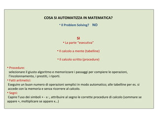 COSA SI AUTOMATIZZA IN MATEMATICA?
• Il Problem Solving? NO
SI
• La parte “esecutiva”
• Il calcolo a mente (tabelline)
• Il calcolo scritto (procedure)
• Procedure:
selezionare il giusto algoritmo e memorizzare i passaggi per compiere le operazioni,
l’incolonnamento, i prestiti, i riporti.
• Fatti aritmetici:
Eseguire un buon numero di operazioni semplici in modo automatico; alle tabelline per es. si
accede con la memoria e senza ricorrere al calcolo.
• Segni:
Capire l’uso dei simboli + - x :, attribuire al segno le corrette procedure di calcolo (sommare se
appare +, moltiplicare se appare x…)
 