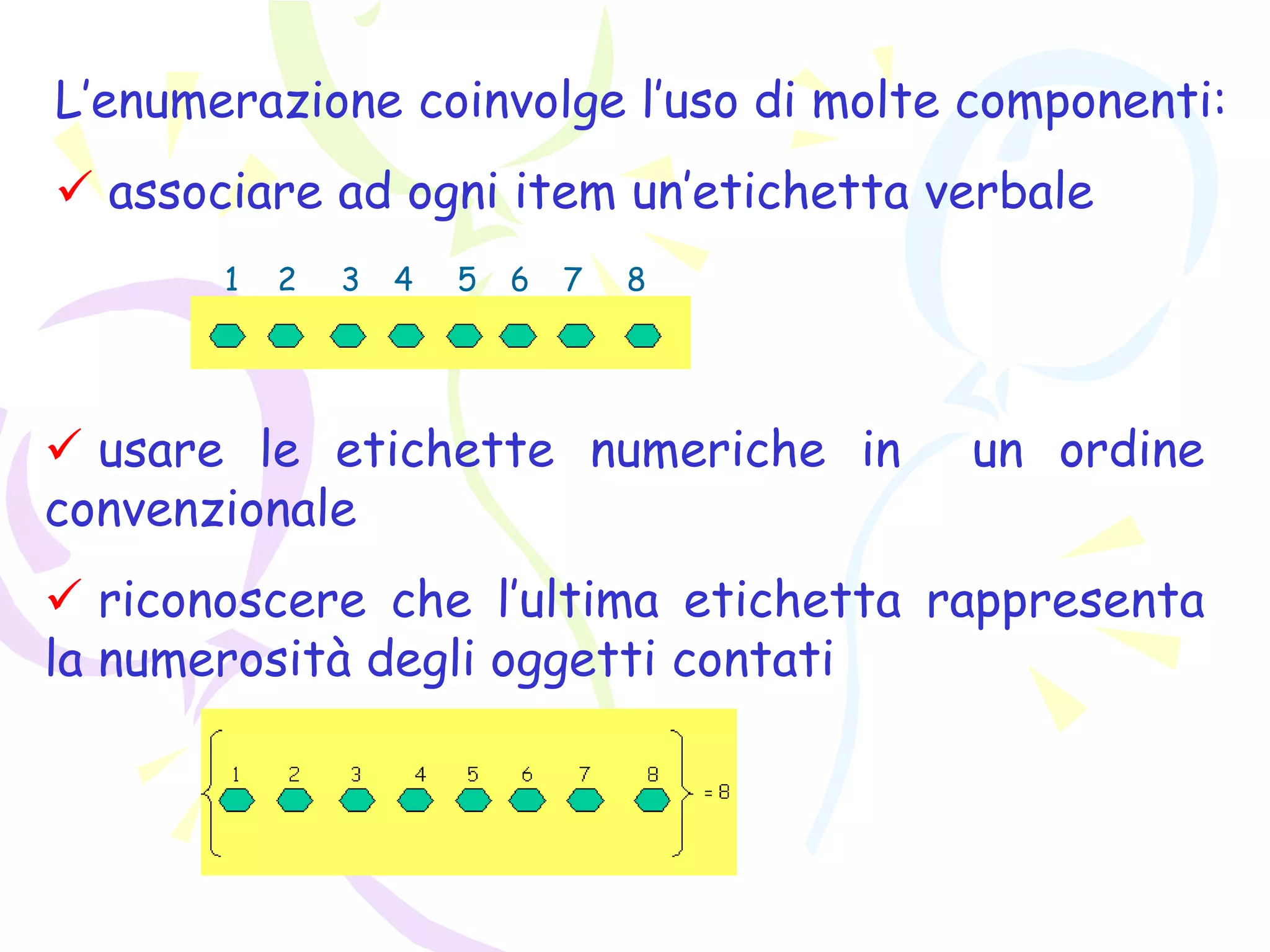 L’enumerazione coinvolge l’uso di molte componenti:
 associare ad ogni item un’etichetta verbale
1 2 3 4 5 6 7 8
 usare le etichette numeriche in un ordine
convenzionale
 riconoscere che l’ultima etichetta rappresenta
la numerosità degli oggetti contati
 