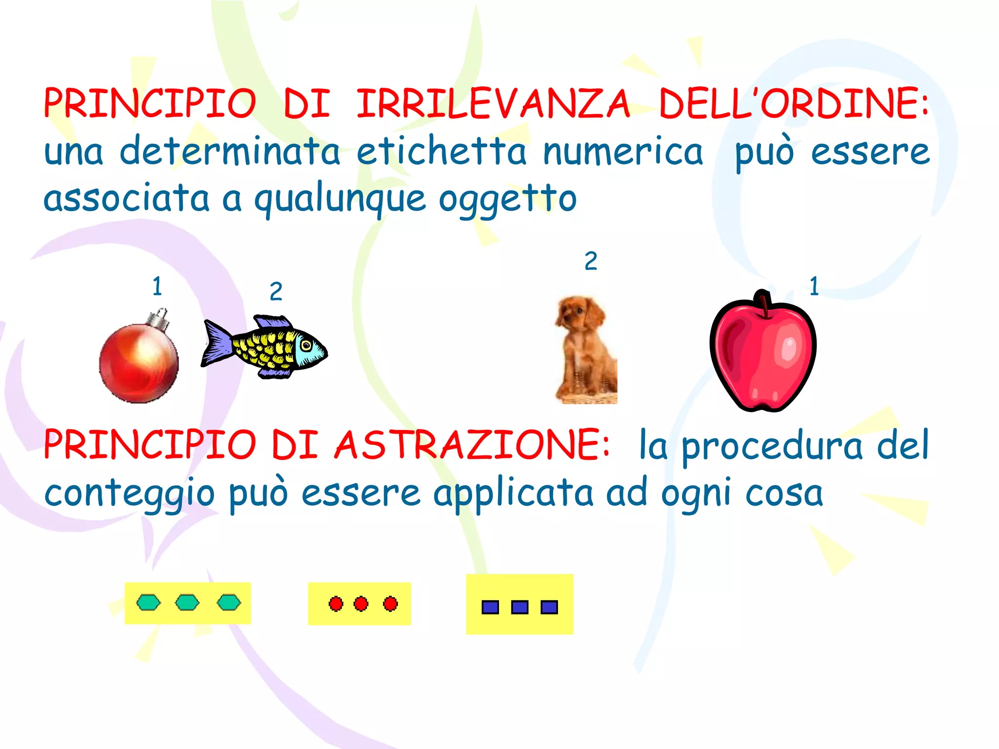 PRINCIPIO DI IRRILEVANZA DELL’ORDINE:
una determinata etichetta numerica può essere
associata a qualunque oggetto
PRINCIPIO DI ASTRAZIONE: la procedura del
conteggio può essere applicata ad ogni cosa
1 12
2
 