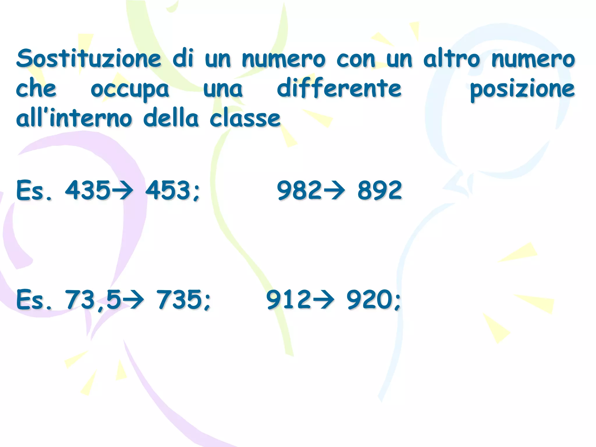 Sostituzione di un numero con un altro numero
che occupa una differente posizione
all’interno della classe
Es. 435 453; 982 892
Es. 73,5 735; 912 920;
 
