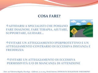 COSA FARE?
AFFIDARSI A SPECIALISTI CHE POSSANO
FARE DIAGNOSI, FARE TERAPIA, AIUTARE,
SUPPORTARE, GUIDARE…
EVITARE UN ATTEGGIAMENTO IPERPROTETTIVO E UN
ATTEGGIAMENTO CONTRARIO DI ECCESSIVA DISTANZA E
FREDDEZZA
EVITARE UN ATTEGGIAMENTO DI ECCESSIVA
PERMISSIVITÀ E/O DI MANCANZA DI ATTENZIONE
Dott. ssa Valentina Regalia, Psicologa – Gallarate, 27.01.2014, Parole Insieme: DIFFICOLTA’ SCOLASTICHE: PARLIAMONE!

 
