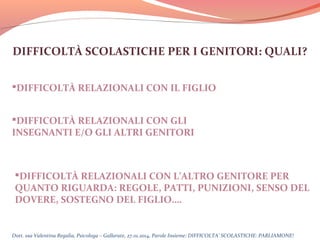 DIFFICOLTÀ SCOLASTICHE PER I GENITORI: QUALI?
DIFFICOLTÀ RELAZIONALI CON IL FIGLIO
DIFFICOLTÀ RELAZIONALI CON GLI
INSEGNANTI E/O GLI ALTRI GENITORI

DIFFICOLTÀ RELAZIONALI CON L’ALTRO GENITORE PER
QUANTO RIGUARDA: REGOLE, PATTI, PUNIZIONI, SENSO DEL
DOVERE, SOSTEGNO DEL FIGLIO….

Dott. ssa Valentina Regalia, Psicologa – Gallarate, 27.01.2014, Parole Insieme: DIFFICOLTA’ SCOLASTICHE: PARLIAMONE!

 