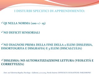 I DISTURBI SPECIFICI DI APPRENDIMENTO:

QI NELLA NORMA (100 +/- 15)
NO DEFICIT SENSORIALI

NO DIAGNOSI PRIMA DELLA FINE DELLA 2 ELEM (DISLESSIA,
DISORTOGRFIA E DISGRAFIA) E 3 ELEM (DISCALCULIA)

DISLESSIA: NO AUTOMATIZZAZZIONE LETTURA (VEOLCITÀ E
CORRETTEZZA)
Dott. ssa Valentina Regalia, Psicologa – Gallarate, 27.01.2014, Parole Insieme: DIFFICOLTA’ SCOLASTICHE: PARLIAMONE!

 
