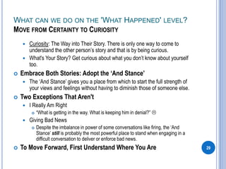 WHAT CAN WE DO ON THE 'WHAT HAPPENED' LEVEL?
MOVE FROM CERTAINTY TO CURIOSITY
 Curiosity: The Way into Their Story. There is only one way to come to
understand the other person’s story and that is by being curious.
 What's Your Story? Get curious about what you don’t know about yourself
too.
 Embrace Both Stories: Adopt the ‘And Stance’
 The ‘And Stance’ gives you a place from which to start the full strength of
your views and feelings without having to diminish those of someone else.
 Two Exceptions That Aren't
 I Really Am Right
 “What is getting in the way. What is keeping him in denial?” 
 Giving Bad News
 Despite the imbalance in power of some conversations like firing, the ‘And
Stance’ still is probably the most powerful place to stand when engaging in a
difficult conversation to deliver or enforce bad news.
 To Move Forward, First Understand Where You Are 29
 