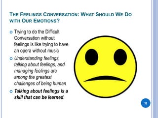 THE FEELINGS CONVERSATION: WHAT SHOULD WE DO
WITH OUR EMOTIONS?
32
 Trying to do the Difficult
Conversation without
feelings is like trying to have
an opera without music
 Understanding feelings,
talking about feelings, and
managing feelings are
among the greatest
challenges of being human
 Talking about feelings is a
skill that can be learned.
 