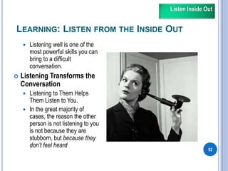 LEARNING: LISTEN FROM THE INSIDE OUT
52
 Listening well is one of the
most powerful skills you can
bring to a difficult
conversation.
 Listening Transforms the
Conversation
 Listening to Them Helps
Them Listen to You.
 In the great majority of
cases, the reason the other
person is not listening to you
is not because they are
stubborn, but because they
don’t feel heard
Listen Inside Out
 