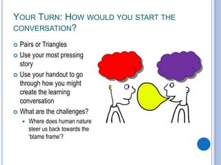 YOUR TURN: HOW WOULD YOU START THE
CONVERSATION?
 Pairs or Triangles
 Use your most pressing
story
 Use your handout to go
through how you might
create the learning
conversation
 What are the challenges?
 Where does human nature
steer us back towards the
‘blame frame’?
 