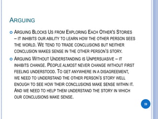 ARGUING
 ARGUING BLOCKS US FROM EXPLORING EACH OTHER'S STORIES
– IT INHIBITS OUR ABILITY TO LEARN HOW THE OTHER PERSON SEES
THE WORLD. WE TEND TO TRADE CONCLUSIONS BUT NEITHER
CONCLUSION MAKES SENSE IN THE OTHER PERSON’S STORY.
 ARGUING WITHOUT UNDERSTANDING IS UNPERSUASIVE – IT
INHIBITS CHANGE. PEOPLE ALMOST NEVER CHANGE WITHOUT FIRST
FEELING UNDERSTOOD. TO GET ANYWHERE IN A DISAGREEMENT,
WE NEED TO UNDERSTAND THE OTHER PERSON’S STORY WELL
ENOUGH TO SEE HOW THEIR CONCLUSIONS MAKE SENSE WITHIN IT.
AND WE NEED TO HELP THEM UNDERSTAND THE STORY IN WHICH
OUR CONCLUSIONS MAKE SENSE.
59
 