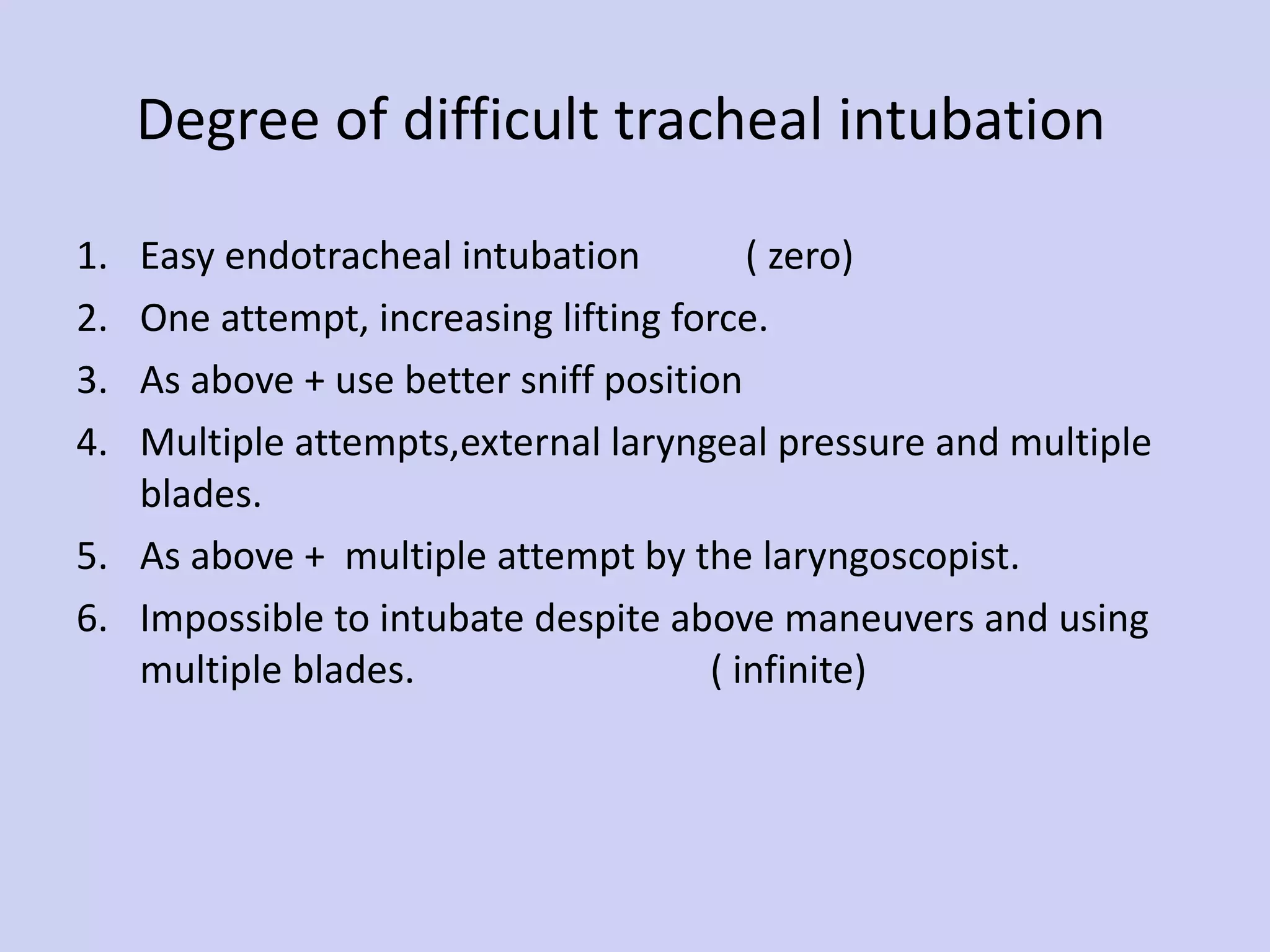 Degree of difficult tracheal intubation  Easy endotracheal intubation  ( zero) One attempt, increasing lifting force. As above + use better sniff position Multiple attempts,external laryngeal pressure and multiple blades. As above +  multiple attempt by the laryngoscopist. Impossible to intubate despite above maneuvers and using multiple blades.  ( infinite)  