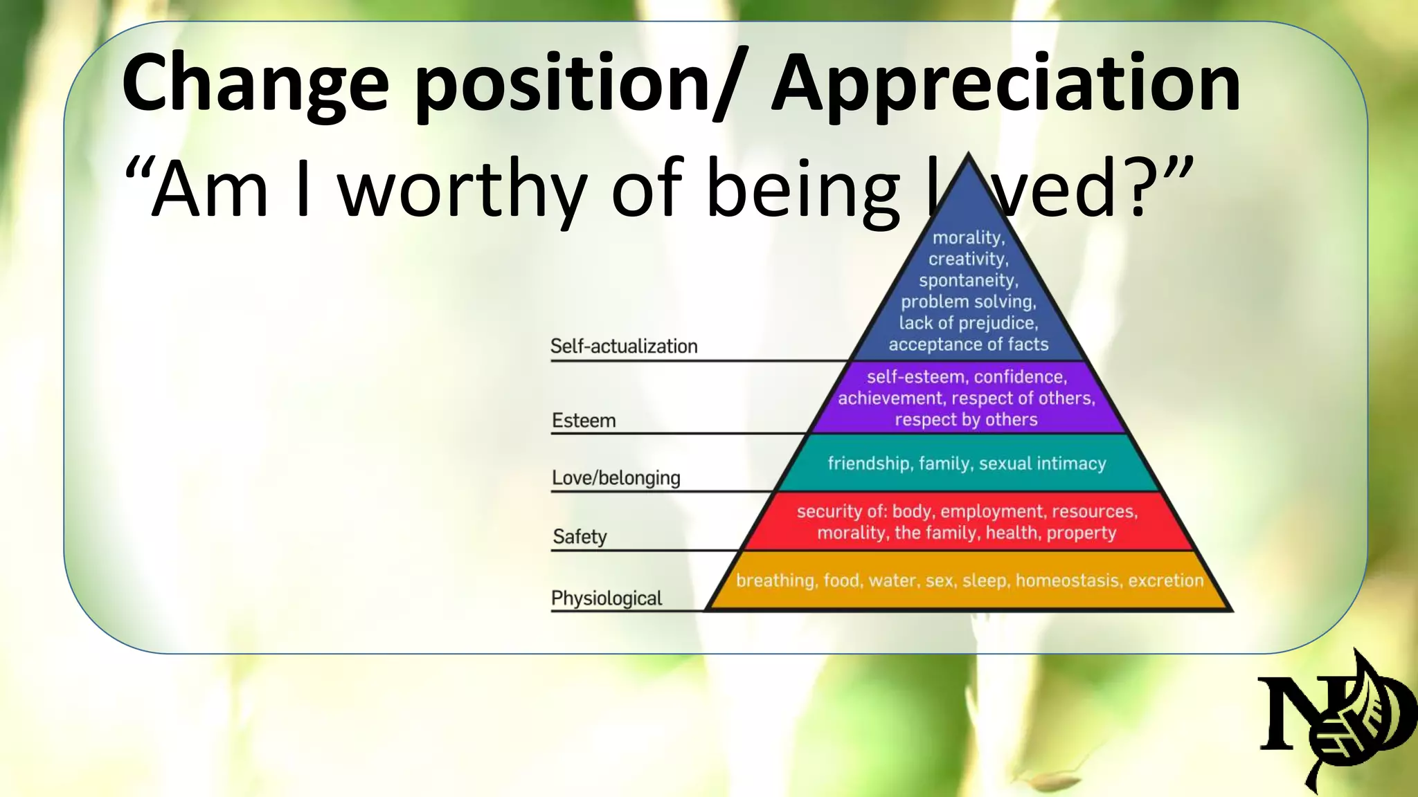 Change position/ Appreciation 
“Am I worthy of being loved?” 
 