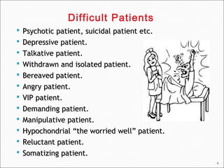 6
 Psychotic patient, suicidal patient etc.Psychotic patient, suicidal patient etc.
 Depressive patient.Depressive patient.
 Talkative patient.Talkative patient.
 Withdrawn and isolated patient.Withdrawn and isolated patient.
 Bereaved patient.Bereaved patient.
 Angry patient.Angry patient.
 VIP patient.VIP patient.
 Demanding patient.Demanding patient.
 Manipulative patient.Manipulative patient.
 Hypochondrial “the worried well” patient.Hypochondrial “the worried well” patient.
 Reluctant patient.Reluctant patient.
 Somatizing patient.Somatizing patient.
Difficult Patients
 