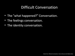 Difficult Conversation
• The “what happened?” Conversation.
• The feelings conversation.
• The identity conversation.




                          Drawn from: Difficult Conversations: How to Discuss what Matters Most
 