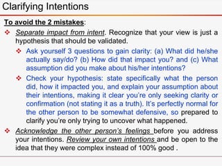 To avoid the 2 mistakes:
 Separate impact from intent. Recognize that your view is just a
hypothesis that should be validated.
 Ask yourself 3 questions to gain clarity: (a) What did he/she
actually say/do? (b) How did that impact you? and (c) What
assumption did you make about his/her intentions?
 Check your hypothesis: state specifically what the person
did, how it impacted you, and explain your assumption about
their intentions, making it clear you’re only seeking clarity or
confirmation (not stating it as a truth). It’s perfectly normal for
the other person to be somewhat defensive, so prepared to
clarify you’re only trying to uncover what happened.
 Acknowledge the other person’s feelings before you address
your intentions. Review your own intentions and be open to the
idea that they were complex instead of 100% good .
Clarifying Intentions
 