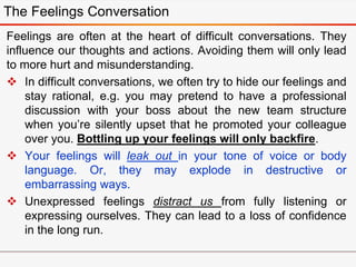 Feelings are often at the heart of difficult conversations. They
influence our thoughts and actions. Avoiding them will only lead
to more hurt and misunderstanding.
 In difficult conversations, we often try to hide our feelings and
stay rational, e.g. you may pretend to have a professional
discussion with your boss about the new team structure
when you’re silently upset that he promoted your colleague
over you. Bottling up your feelings will only backfire.
 Your feelings will leak out in your tone of voice or body
language. Or, they may explode in destructive or
embarrassing ways.
 Unexpressed feelings distract us from fully listening or
expressing ourselves. They can lead to a loss of confidence
in the long run.
The Feelings Conversation
 