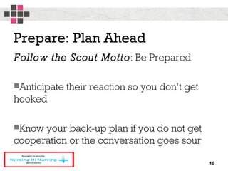 Prepare: Plan Ahead
Follow the Scout Motto: Be Prepared
Anticipate their reaction so you don’t get
hooked
Know your back-up plan if you do not get
cooperation or the conversation goes sour
10
 