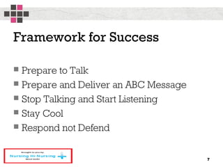 Framework for Success
 Prepare to Talk
 Prepare and Deliver an ABC Message
 Stop Talking and Start Listening
 Stay Cool
 Respond not Defend
7
 